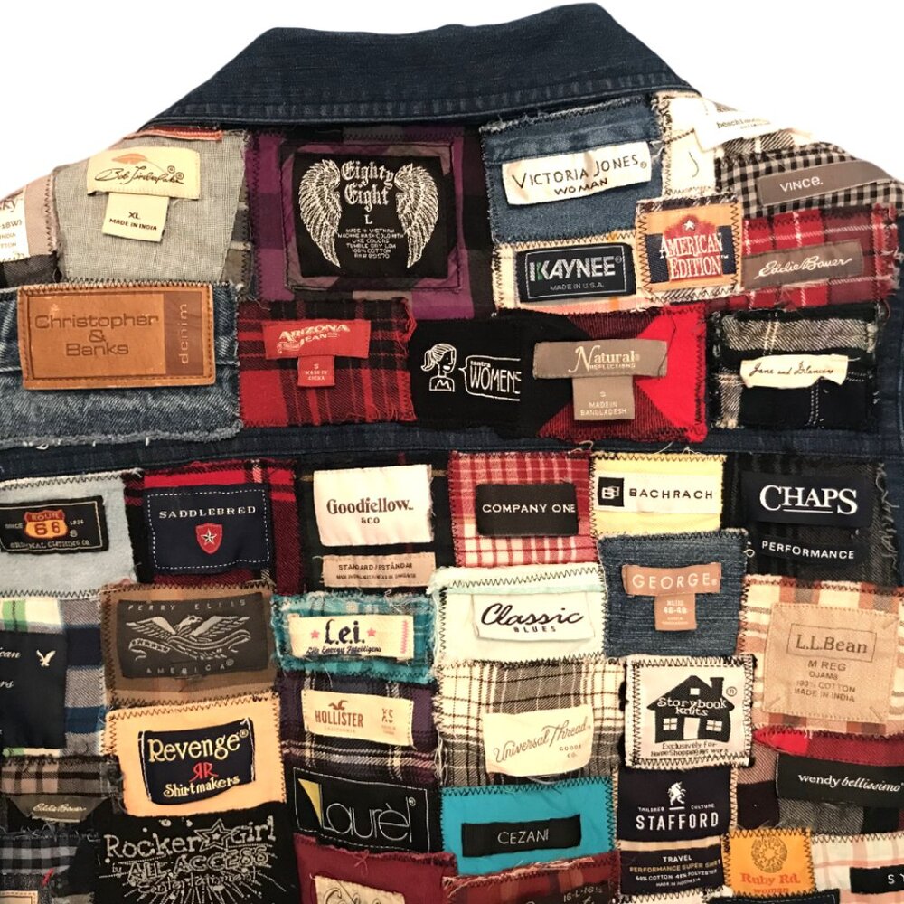 Upcycled Labels Jean Jacket Cropped Shirt Coat, Sewn-On Clothing Labels Sz S - M - Picture 13 of 16